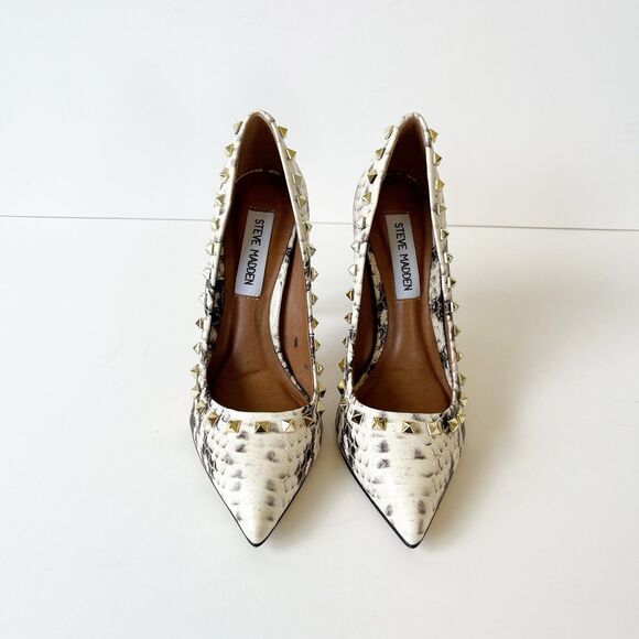 Steve Madden Proto Python Studded Leather Heels Pumps Pointed Toe Cream Size 5.5 - Picture 7 of 13